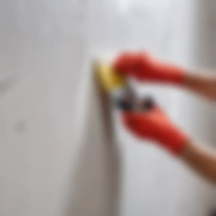 Close-up of adhesive application on drywall for tiles.