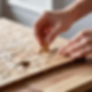 Close-up of adhesive application on wooden puzzle