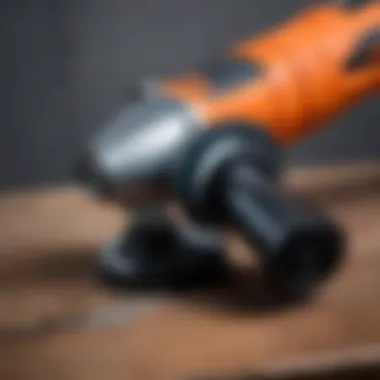 A detailed close-up of an angle grinder showcasing its features