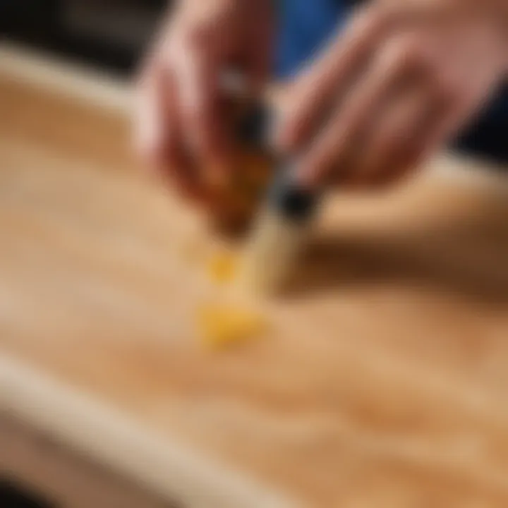 A professional applying alkyd varnish on a wooden surface.