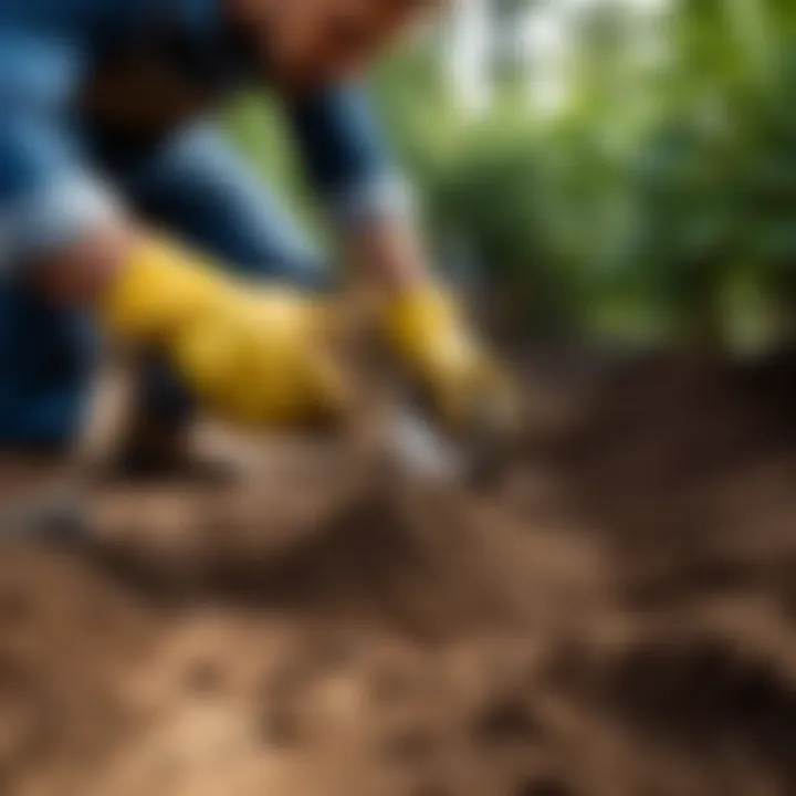 A gardener applying lime powder to the soil for better growth.