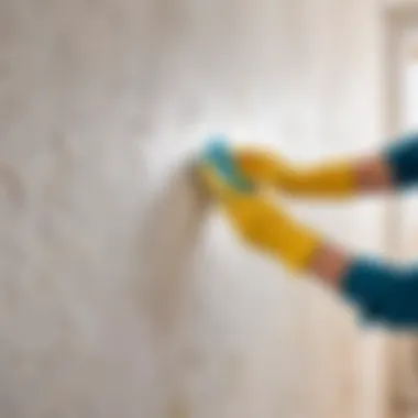 A person applying a wallpaper removal solution with a sponge on the wall to loosen the adhesive.