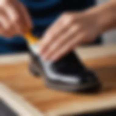 A close-up of a person applying shoe glue to a sole