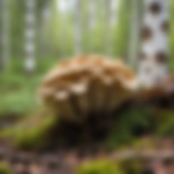 A cluster of aspen mushrooms growing in a natural forest setting.