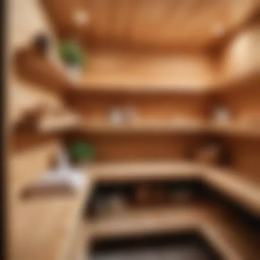 Natural wood shelves in a sauna