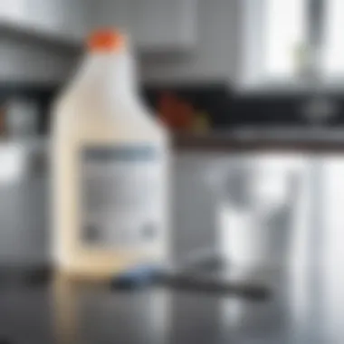 A bottle of bleach alongside a measuring cup on a clean surface