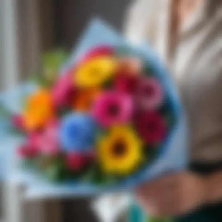 Close-up of wrapping a bouquet with decorative paper