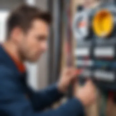 Professional builder inspecting electrical wiring with a phase indicator