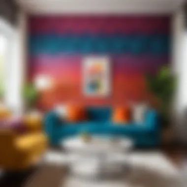 Vibrant Living Room with Unique Stencils A vibrant living room featuring unique wall stenciling techniques