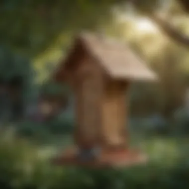 Wooden Bird Feeder in a Natural Setting A beautifully crafted wooden bird feeder hanging in a garden.