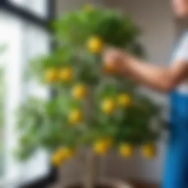 Person caring for a lemon tree indoors