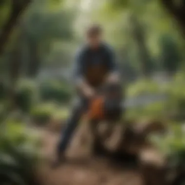 Electric Chainsaw in Action Person using an electric chainsaw in a garden setting