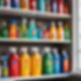 An array of diverse cleaning products on a shelf.