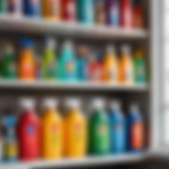 An array of diverse cleaning products on a shelf.