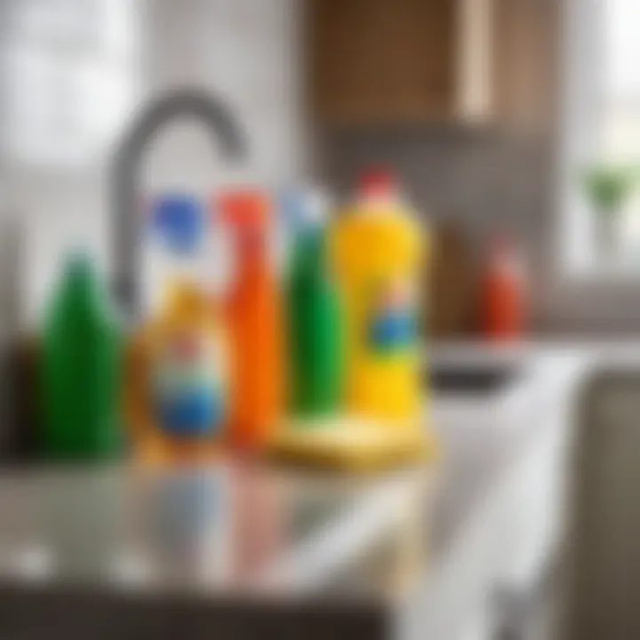 Different cleaning products on a kitchen counter