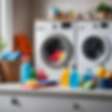 Various cleaning supplies arranged on a countertop for washing machine maintenance