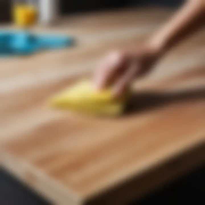 Close-up of a wooden countertop being cleaned