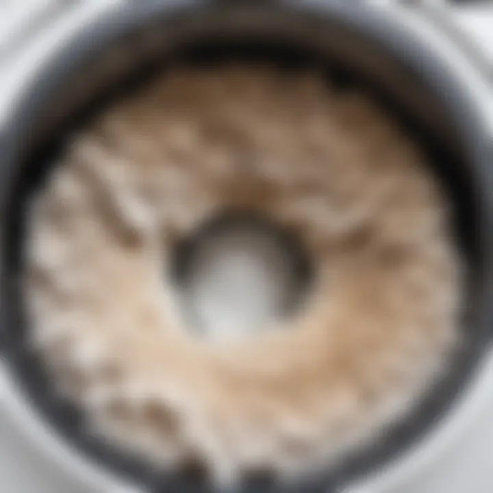 Close-up of a washing machine drum showing lint and pet hair buildup