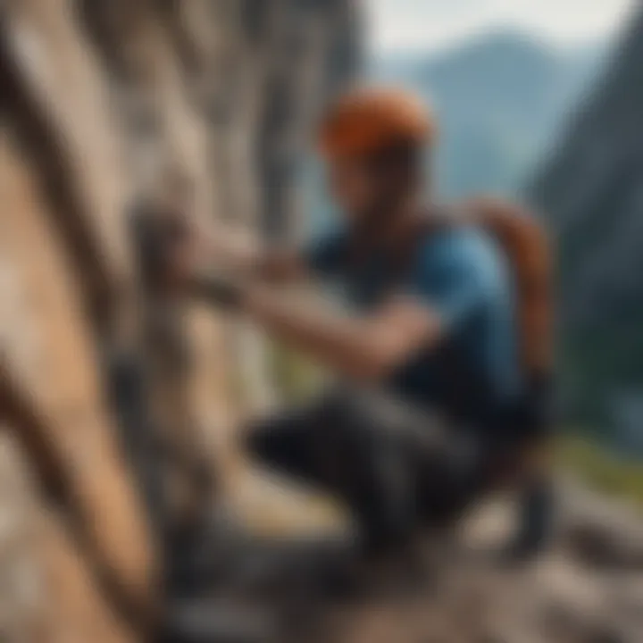 A climber checking their gear before ascending a rock face.