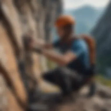 Climber Checking Gear Before Ascent A climber checking their gear before ascending a rock face.