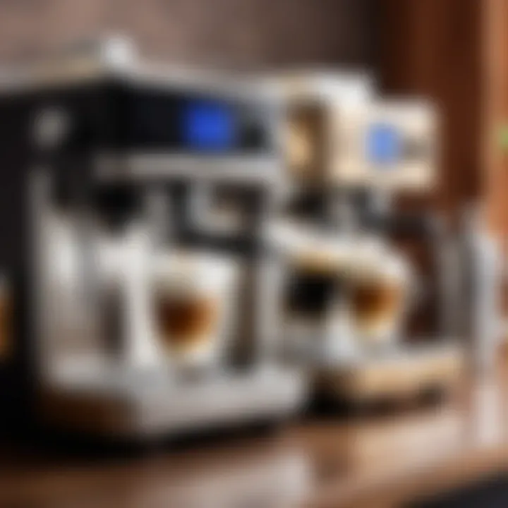 Various coffee machines with built-in frothers displayed