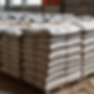 A construction site showcasing bags of cement stacked neatly