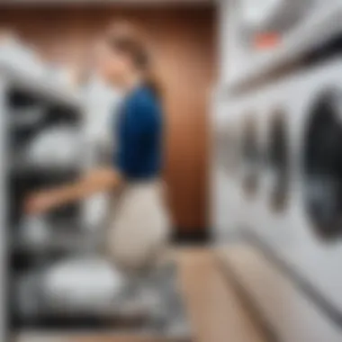 Dishwasher Shopping Experience A shopper considering different dishwashers in a retail environment