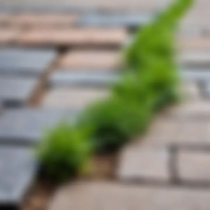 Close-up of weeds being pulled from between paving stones