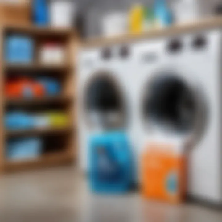 Professional cleaning products for washing machines displayed on a shelf.