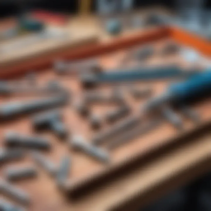Essential tools laid out for removing a broken bolt, arranged neatly on a workbench