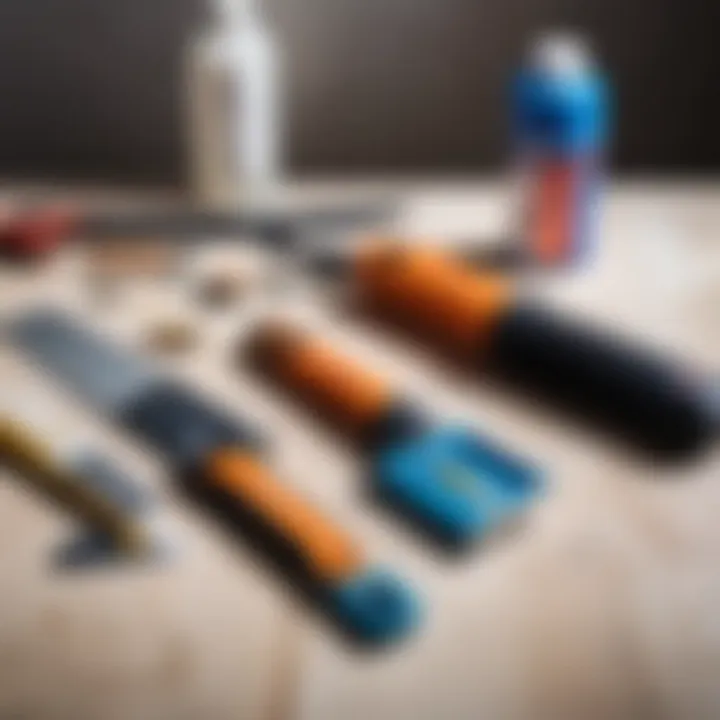 An array of tools laid out on a clean surface, including a wallpaper scraper, spray bottle, and utility knife.