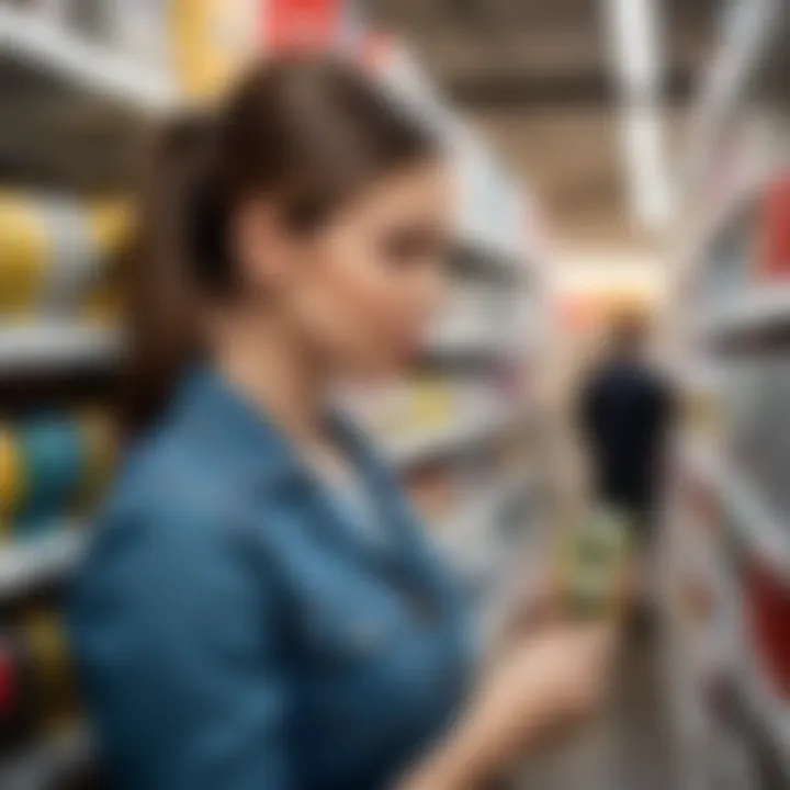 A person evaluating the features of a measuring tape in a store