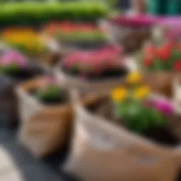 A variety of flower soil types displayed in bags at a garden center