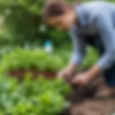 Gardener applying Bordeaux mixture to plants in spring