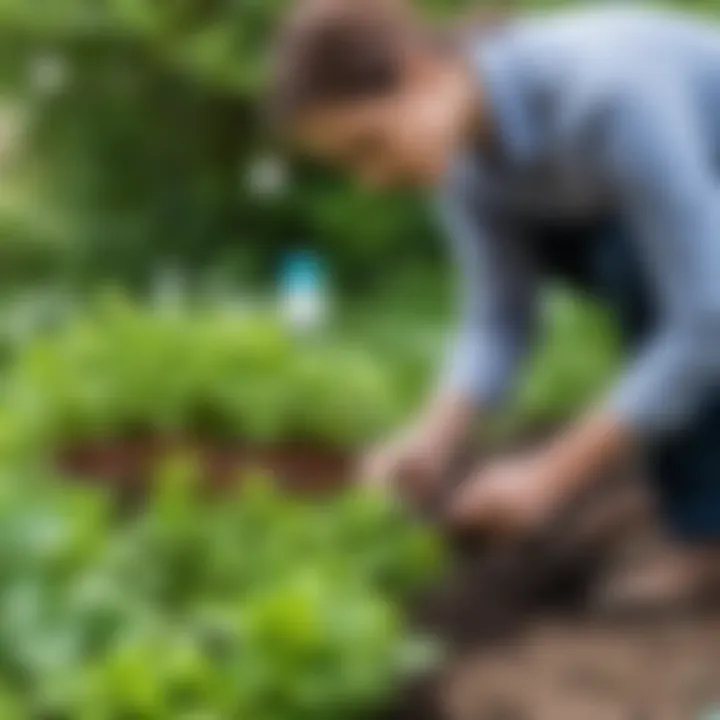 Gardener applying Bordeaux mixture to plants in spring