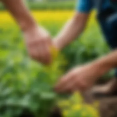 A gardener inspecting the growth of mustard as a cover crop