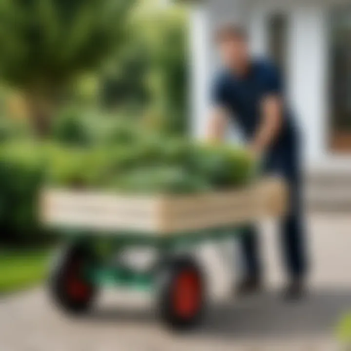 A gardener using a cart for transporting plants