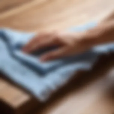 Close-up of a soft cloth carefully wiping down a wooden surface, emphasizing gentle care.