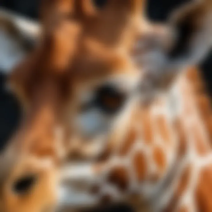 A close-up of a giraffe's unique patterns and features