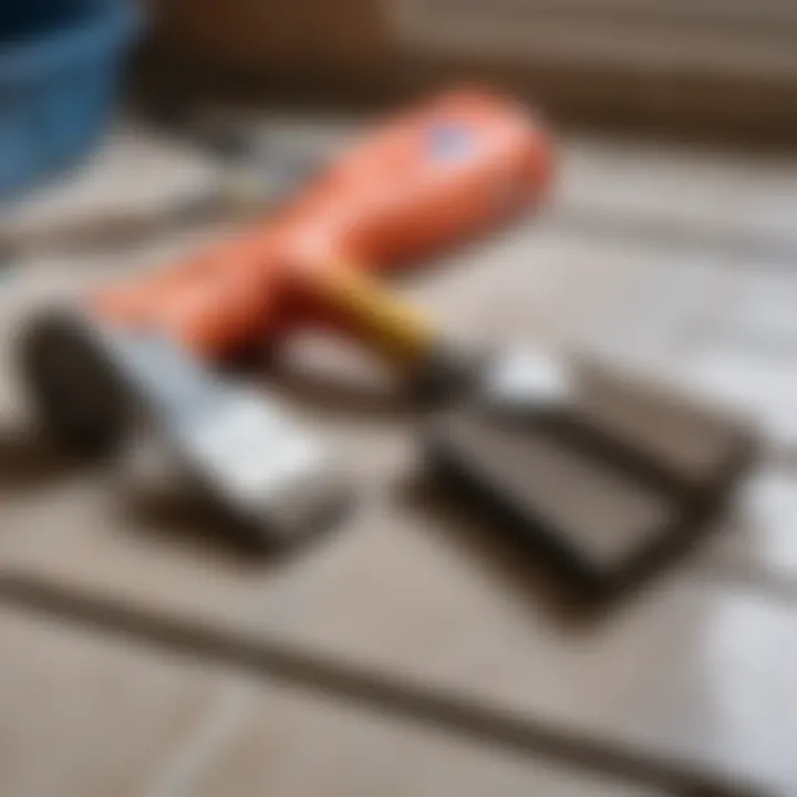 Tools and materials laid out for tile grouting preparation