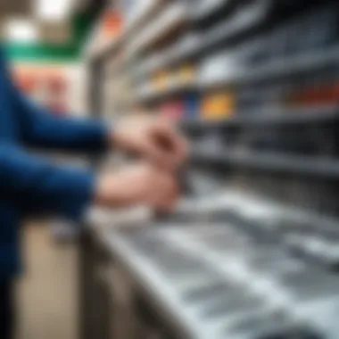 Person selecting an office knife in a stationery store