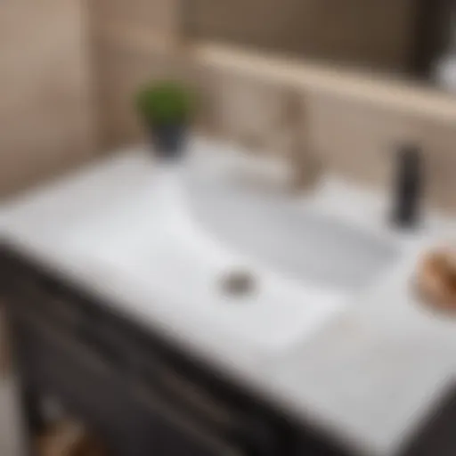 Close-up of a sink being attached to a vanity