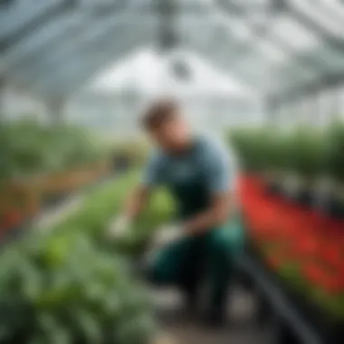 A gardener tending to plants inside a greenhouse, highlighting maintenance activities.