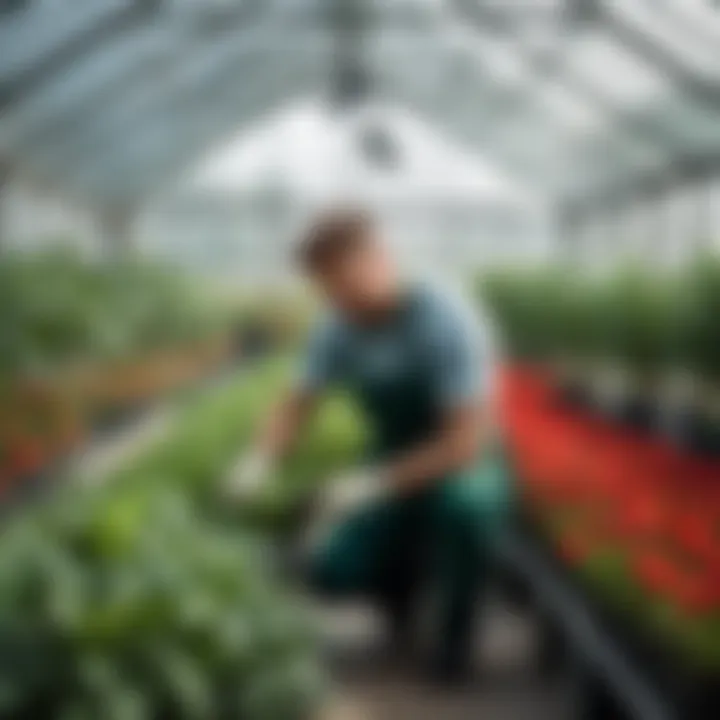 A gardener tending to plants inside a greenhouse, highlighting maintenance activities.