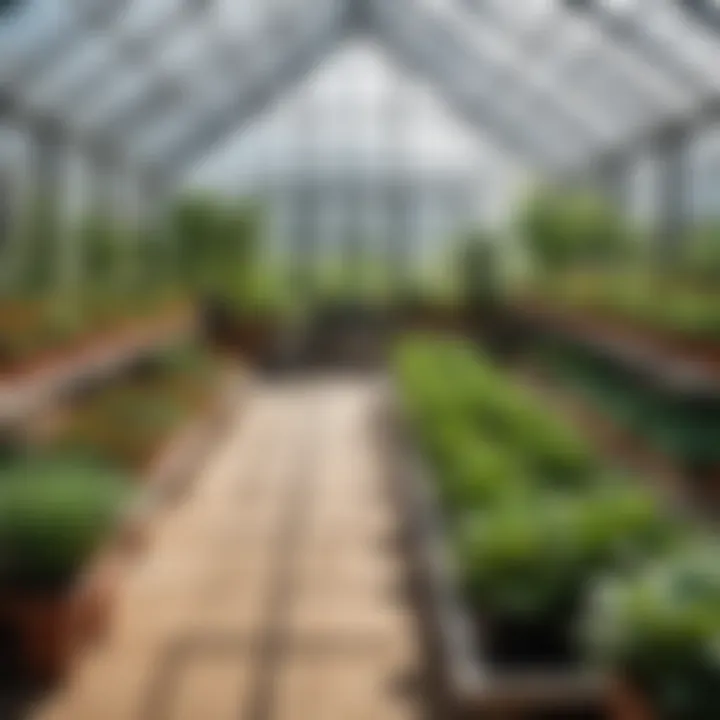 A well-organized planting layout inside a greenhouse, demonstrating optimal space usage.