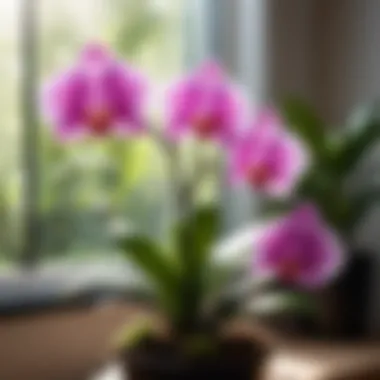 Sunlight filtering through leaves of an orchid plant