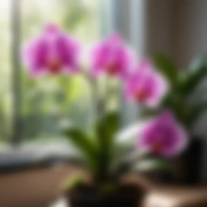 Sunlight filtering through leaves of an orchid plant