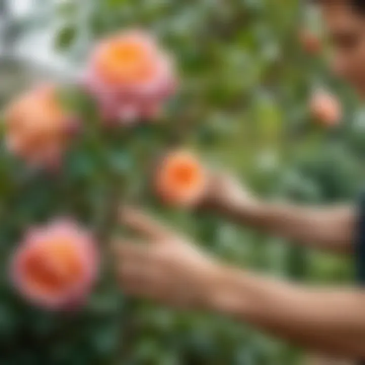 Gardener pruning roses for better growth