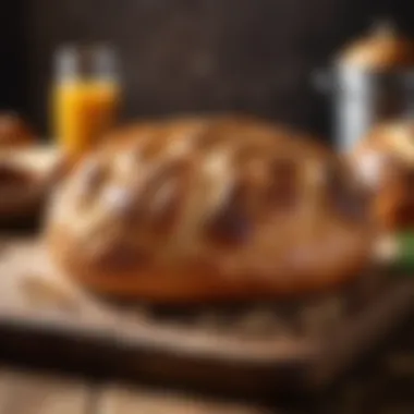 Delicious Freshly Baked Bread Freshly baked bread with a golden crust placed on a wooden table.