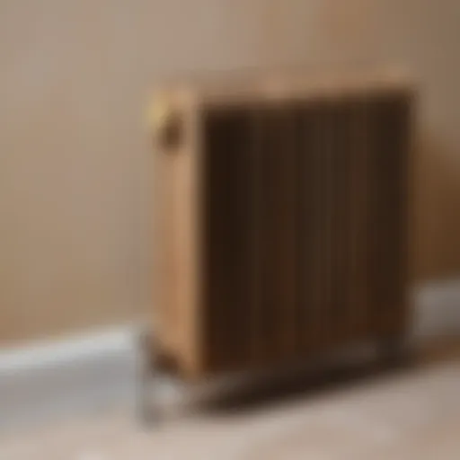 Close-up view of a heating radiator showcasing dirt buildup.